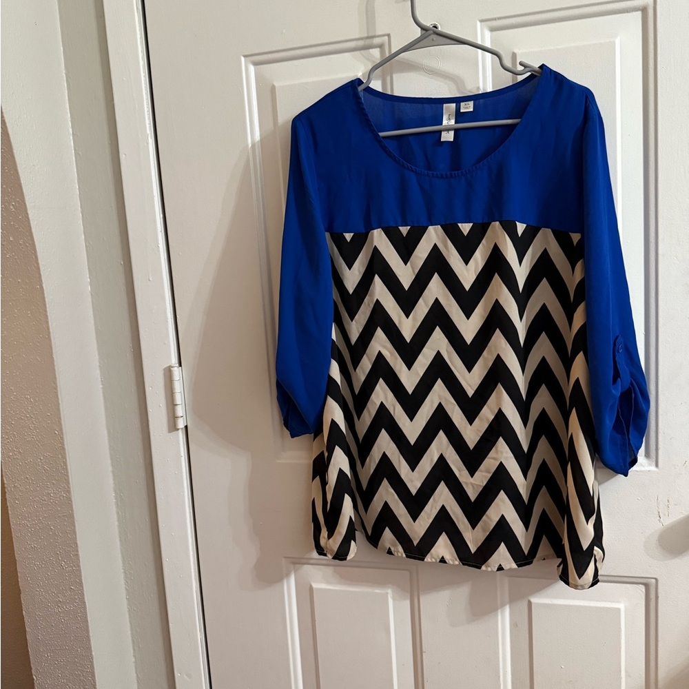 Tacera Blue and Black Graphic Blouse with 3/4 Sleeves